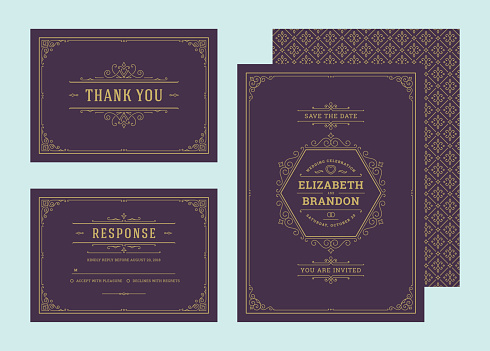 Set wedding invitations flourishes ornaments cards. Invite, thank you and response design. Vintage victorian ornate frames and decorations. Vector elegant templates.