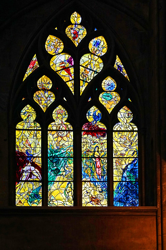 St. Stephen's Cathedral, Metz, France: stained glass window of the transept by March Chagall, story of Adam and Eve (1958–1960).