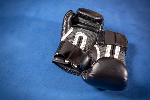 A pair of boxing gloves laying on a ring.