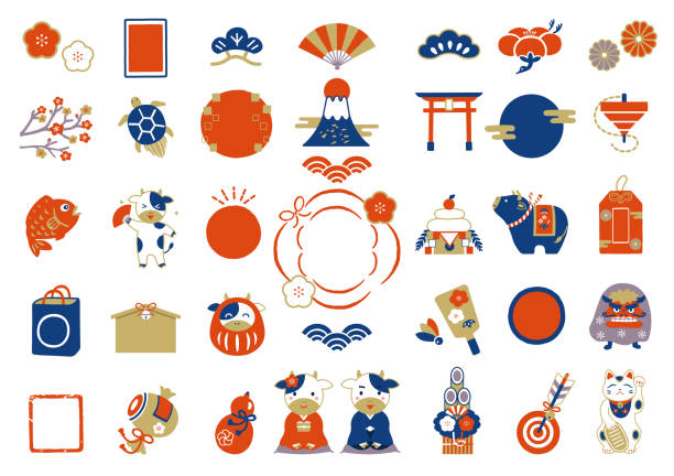 ilustraciones, imágenes clip art, dibujos animados e iconos de stock de conjunto de ilustración de año nuevo 2021 - comida japonesa