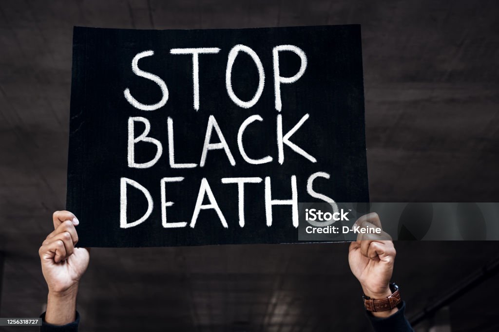 Stop racism Afroamerican man holds banner. Anti-racism concept. I Can't Breathe Stock Photo
