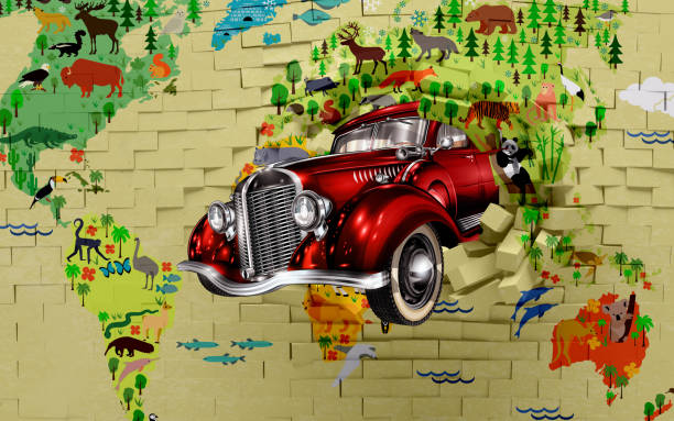 istock 3d mural wallpaper broken wall bricks and red classic car . world map in colored background suitable for Childrens and kids bed room wallpaper . 1256318737