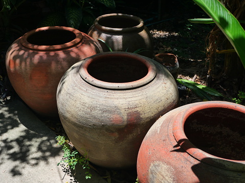 Red Large jar made at home for rainwater storage in thailand