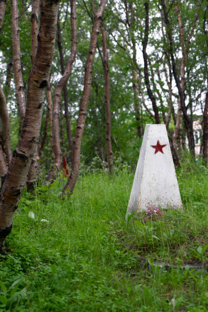 istock White memorial obelisk wed red star  on a green forest background 1256327654