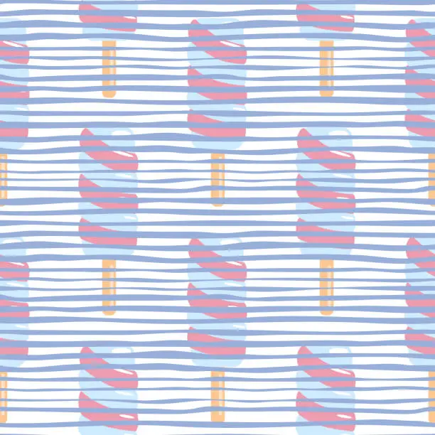 Vector illustration of Seamless food pattern with twister ice cream. White background with blue strips. Simple backdrop.