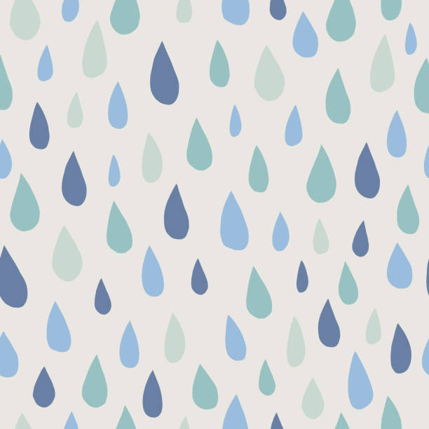 nahtloses muster mit tropfen in skandinavischen farbe pallette. blautöne elemente auf grauem hintergrund. - drop water cartoon raindrop stock-grafiken, -clipart, -cartoons und -symbole