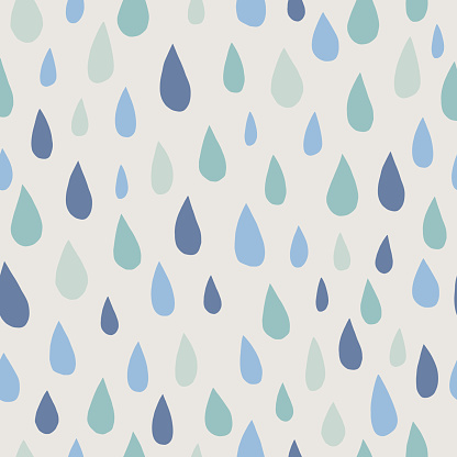 Seamless pattern with drops in scandinavian color pallette. Blue tones elements on grey background. Great for wrapping paper, textile, fabric print and wallpaper. Vector illustration.