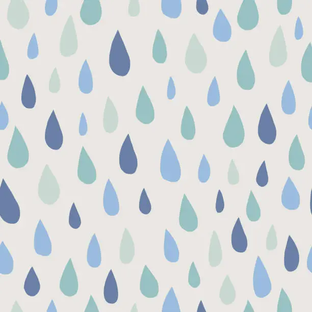 Vector illustration of Seamless pattern with drops in scandinavian color pallette. Blue tones elements on grey background.