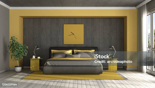 Black And Yellow Modern Master Bedroom Stock Photo - Download Image Now - Bedroom, Yellow, Apartment