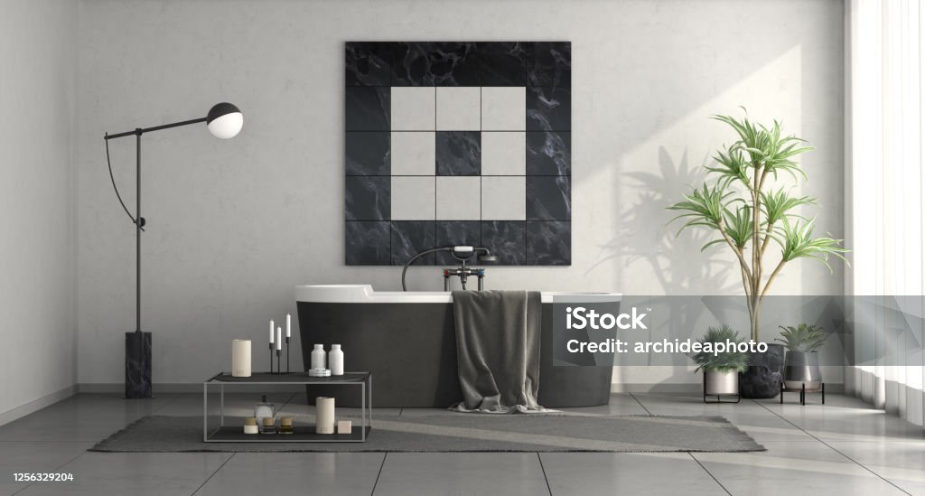 Minimalist black and white bathroom Minimalist black and white bathroom with elegant bathtub - 3d rendering
Note: the room does not exist in reality, Property model is not necessary Bathroom Stock Photo