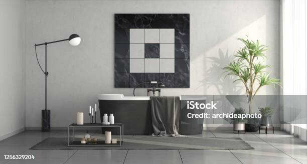 Minimalist Black And White Bathroom Stock Photo - Download Image Now - Bathroom, Domestic Bathroom, Floor Lamp