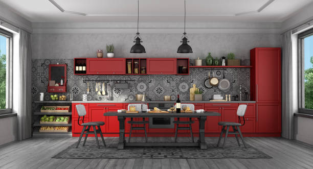 istock Black and red classic style kitchen with wooden table and chairs 1256329234