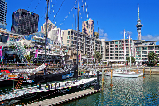 04/07/2017 - Auckland, New Zealand\nViaduct Harbour is located in dowtown Auckland, close to the ferry terminal. This new marina used to be a commercial harbour on the Auckland waterfront. It was then turned into a development of upscale apartments, office space and restaurants.\nIt was the centre of activity of the 2000 America's Cup.