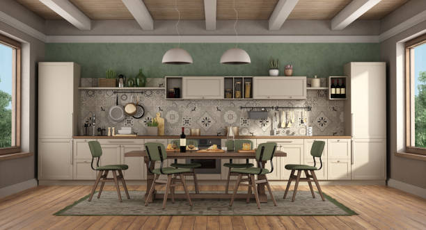 istock Classic style kitchen with wooden table and chairs 1256329270