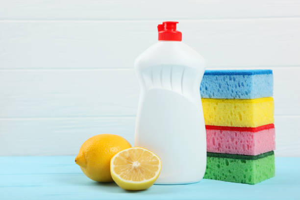 istock dishwashing liquid on the table. minimalism, space for text 1256331417