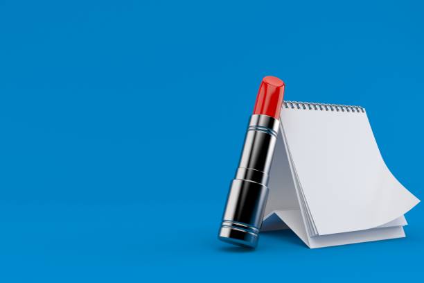 Lipstick with blank calendar isolated on blue background. 3d illustration