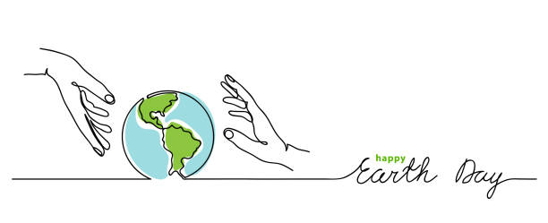 Happy earth day vector background. Simple planet and hands. Happy earth day vector background. Simple planet and hands. Minimalist web banner, earth day vector illustration. One continuous line drawing how to save environment stock illustrations