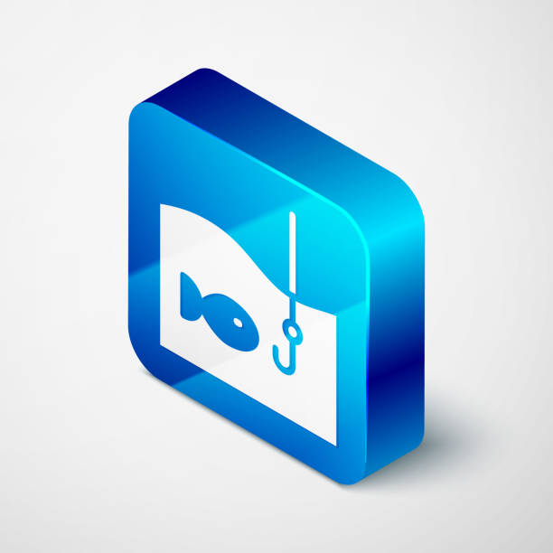 Isometric Fishing hook under water with fish icon isolated on grey background. Fishing tackle. Blue square button. Vector Isometric Fishing hook under water with fish icon isolated on grey background. Fishing tackle. Blue square button. Vector barb feather part stock illustrations