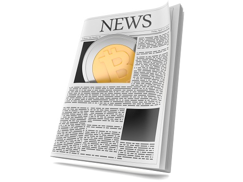 Bitcoin with newspaper isolated on white background. 3d illustration