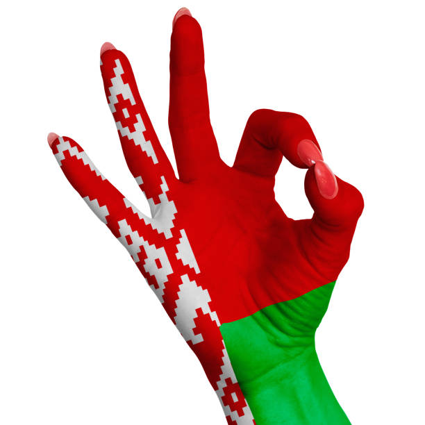 hand making ok sign, belarus flag painted as symbol of best quality, positivity and success - flag of belarus imagens e fotografias de stock