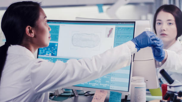 istock Female scientists in Laboratory Research. Water flea daphnia on Computer Screen 1256339360