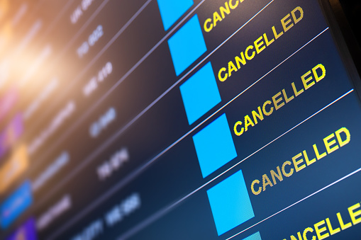 Airport lockdown, Flights canceled on information time table board in the airport while coronavirus outbreak pandemic issued around the world
