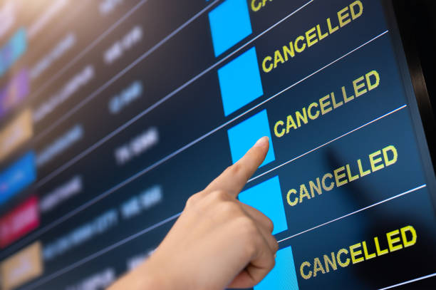 Flight cancellation airport lockdown Airport lockdown, Flights canceled on information time table board in the airport while coronavirus outbreak pandemic issued around the world cancellation photos stock pictures, royalty-free photos & images