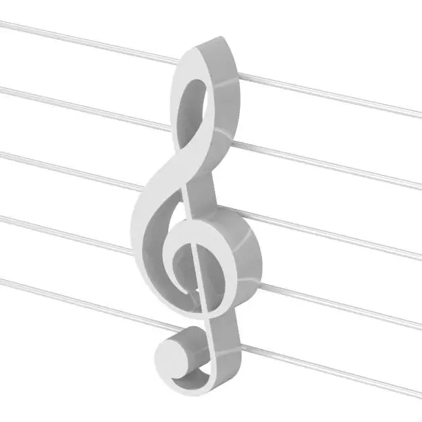 3d visualization of white g clef on stave