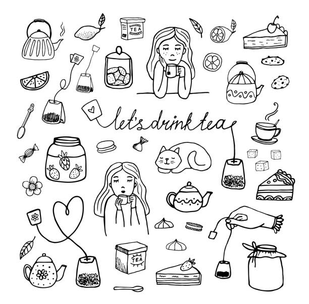 Let's drink tea Hand-drawn vector doodle tea party set with teapots and cups, tea bags, sweets, lemons, jam  and girl comfortably enjoying tea in the company of a cat. Let's drink tea food cake tea sketch stock illustrations