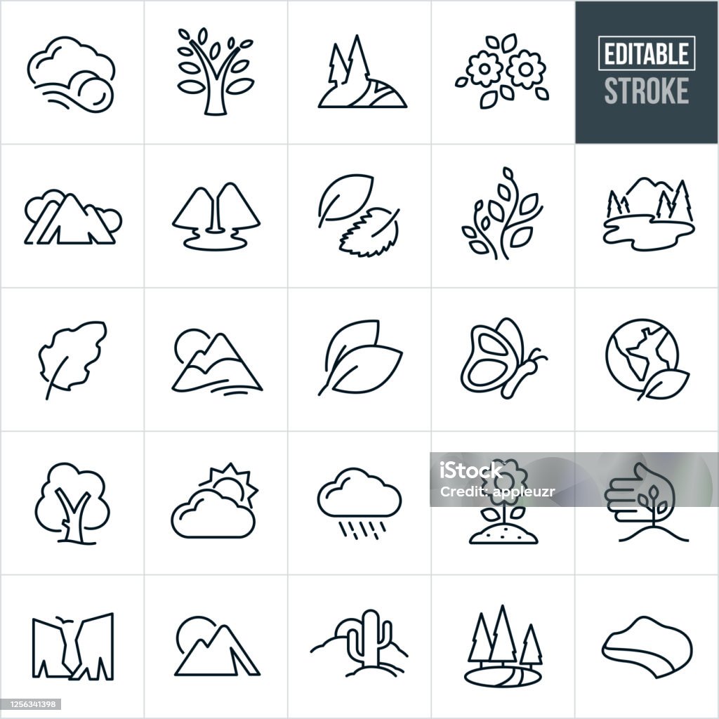 Symbols of Nature Thin Line Icons - Editable Stroke A set of nature symbols that include editable strokes or outlines using the EPS vector file. The icons include wind, cloud, tree, flowers, mountains, snow capped mountains, mountain range, leaves, plant, lake, waterfall, butterfly, earth, sun, rain cloud, rain, growing flower, cliffs, cactus, desert and coastline to name a few. Icon stock vector