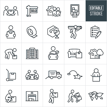 A set of moving and relocation icons that include editable strokes or outlines using the EPS vector file. The icons include one person handing another person a box during a move, sold sign, couple standing hand in hand in front of their new home, moving truck with boxes, person carrying a cardboard box, packing tape, broken glass to represent fragile, person carrying a rug on shoulder, checklist, person picking up a box, business building, person carrying box full of belongings, couch with moving box, house, hand truck, two people lifting a moving box, moving truck, person packing box, person lifting box, storage building, person pushing hand truck with boxes and other related icons.