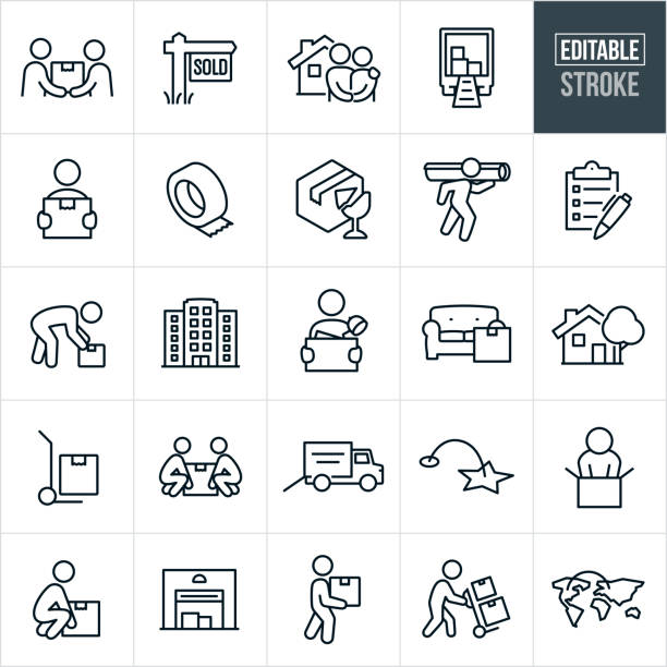 Moving and Relocation Thin Line Icons - Editable Stroke A set of moving and relocation icons that include editable strokes or outlines using the EPS vector file. The icons include one person handing another person a box during a move, sold sign, couple standing hand in hand in front of their new home, moving truck with boxes, person carrying a cardboard box, packing tape, broken glass to represent fragile, person carrying a rug on shoulder, checklist, person picking up a box, business building, person carrying box full of belongings, couch with moving box, house, hand truck, two people lifting a moving box, moving truck, person packing box, person lifting box, storage building, person pushing hand truck with boxes and other related icons. relocation stock illustrations