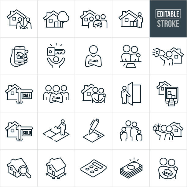 A set of home buying icons that include editable strokes or outlines using the EPS vector file. The icons include a Real Estate Agent and home buyer shaking hands in front of a home, a home with tree, a family standing in front of their new home, a Real Estate Agent showing a home, home search on a mobile phone, home buyer with house key, Real Estate Agent with arms folded, Real Estate Agent marketing a home using a bullhorn, house with for sale sign, group of three Real Estate Agents, couple standing in front of new home, Real Estate Agent holding the door open, moving truck in front of house, sold sign in front of house, Real Estate Agent showing floor plan of house, signed agreement, family of four, couple taking selfie in front of new home, home search, home square footage, calculator, pile of cash representing down payment and a couple holding a home.
