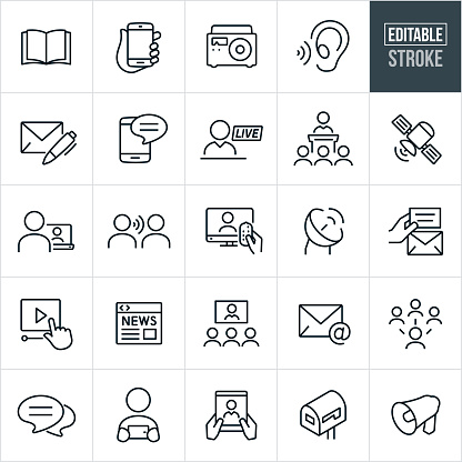 A set of communications icons that include editable strokes or outlines using the EPS vector file. The icons include an open book, hand holding smartphone, radio, listening ear, letter with pen, text on mobile phone, live broadcast, person giving speech to an audience, satellite, person watching video on laptop, word of mouth, television, satellite, online video, online news, video conference, email, social media, chat bubble, person viewing smartphone, tablet pc, mailbox and bullhorn.