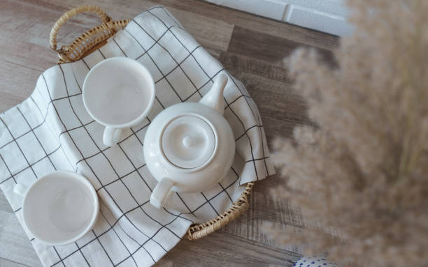 istock Top view of white ceramic Tea pot and cups 1256341677