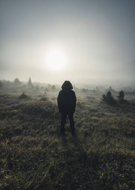 Man backpacker standing on misty with sunlight in wilderness at national park
