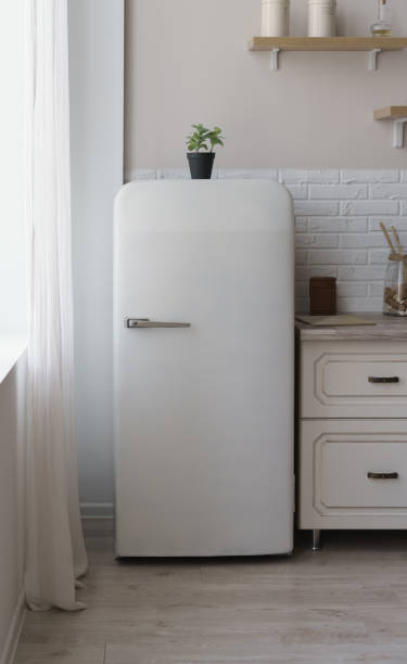 istock Vintage retro style white fridge in bright kitchen 1256341778