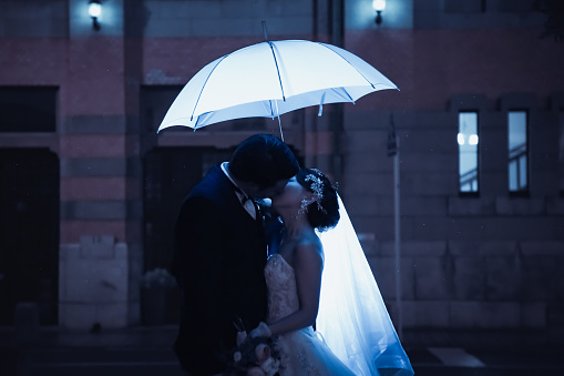 Portrait of Happy newlywed couple in the night