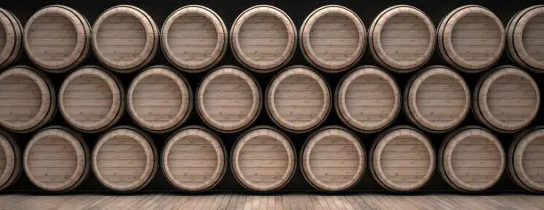 Wine, beer, alcohol cellar background. Old barrels stacked on wooden floor, black background, banner. Winemaking, storage concept. 3d illustration
