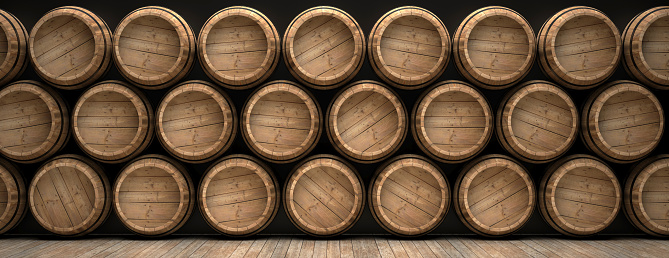 Winemaking, storage concept. Old barrels stacked on wooden floor, black background, banner. Wine, beer, alcohol cellar background. 3d illustration
