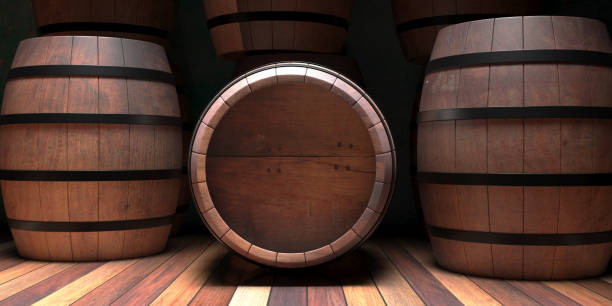 istock Wooden barrels, wine cellar background, copy space. 3d illustration 1256345114