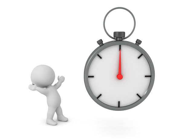 istock 3D Character looking up excited at stopwatch 1256345178