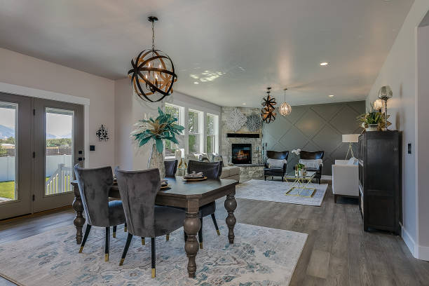 istock Long open floorplan of showcase home with unique lighting 1256345268