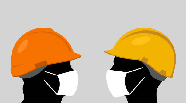 People with hardhats and face masks vector art illustration