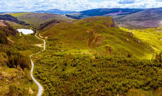 High angle view of a small Scottish loch in valley in rural south west Scotland An image captured by a drone of a small loch in a remote area of Dumfries and Galloway in south west Scotland. The loch is surrounded by pine forest some of which has just been newly harvested. Galloway Hills stock pictures, royalty-free photos & images