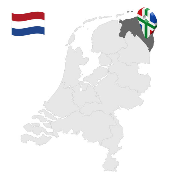 stockillustraties, clipart, cartoons en iconen met locatie groningen op kaart nederland. 3d locatie teken vergelijkbaar met de vlag van groningen. kwaliteitskaart met provincies van nederland voor uw ontwerp. eps10. - groningen