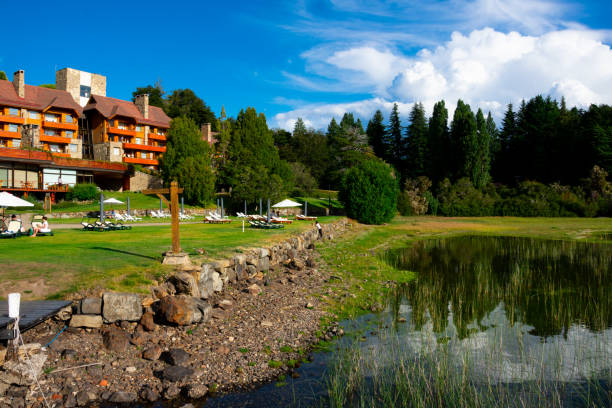 view of llao llao hotel and resort modern wing and perito moreno lake - llao llao hotel imagens e fotografias de stock