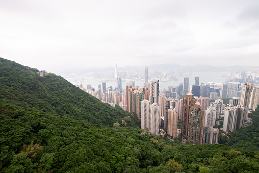 Architectural connections, roadways and bridges. Aerial view of  Hong Kong Skyline from Victoria Peak. Hong Kong.