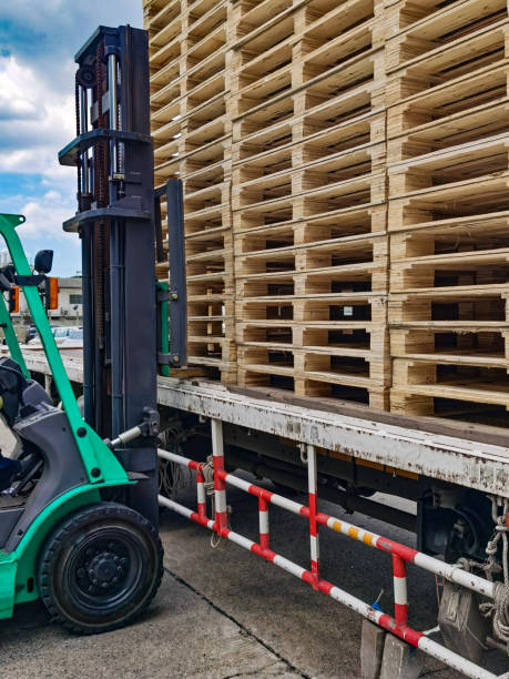 istock Worker driving forklift to loading and unloading wooden pallets from truck to warehouse cargo storage, shipment in logistics and transportation industrial, wood pallets stack 1256349243