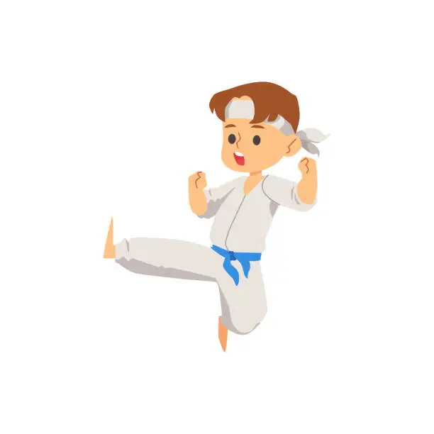 Vector illustration of Vector illustration of a karate kid boy dressed in a kimono.